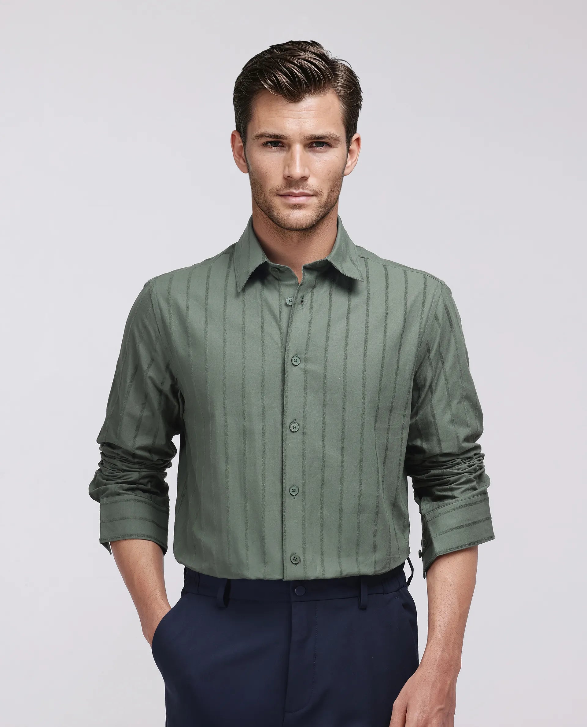 Rare Rabbit Men's Tener Dark Green Cotton Striped Print Relaxed Fit Full Sleeve Collared Shirt