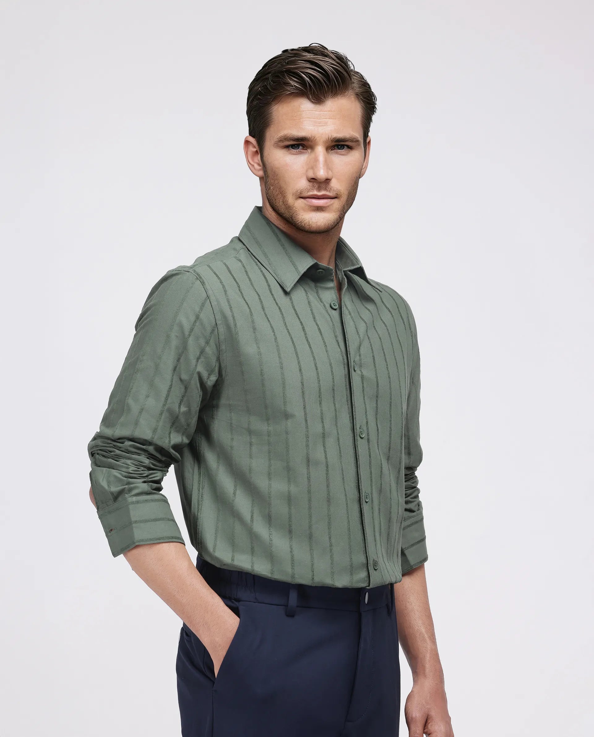 Rare Rabbit Men's Tener Dark Green Cotton Striped Print Relaxed Fit Full Sleeve Collared Shirt