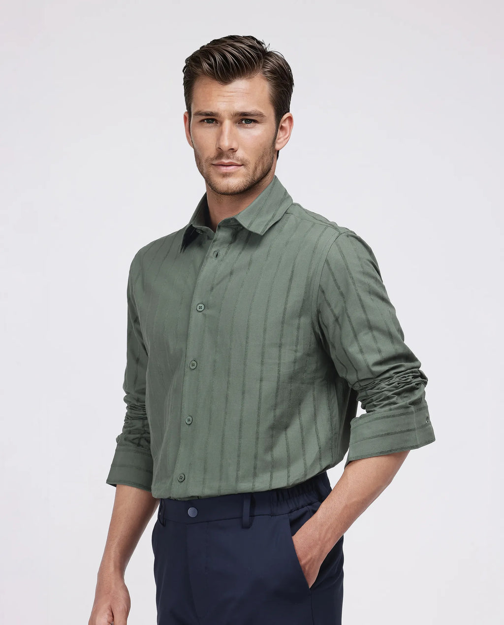 Rare Rabbit Men's Tener Dark Green Cotton Striped Print Relaxed Fit Full Sleeve Collared Shirt