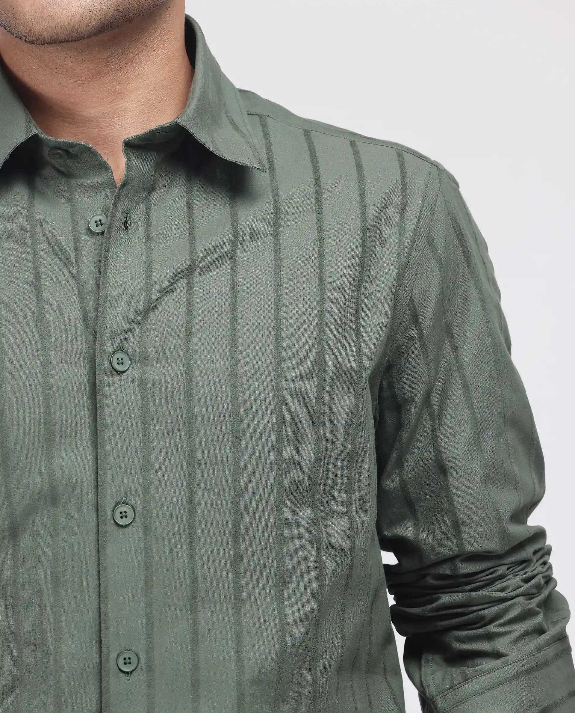 Rare Rabbit Men's Tener Dark Green Cotton Striped Print Relaxed Fit Full Sleeve Collared Shirt