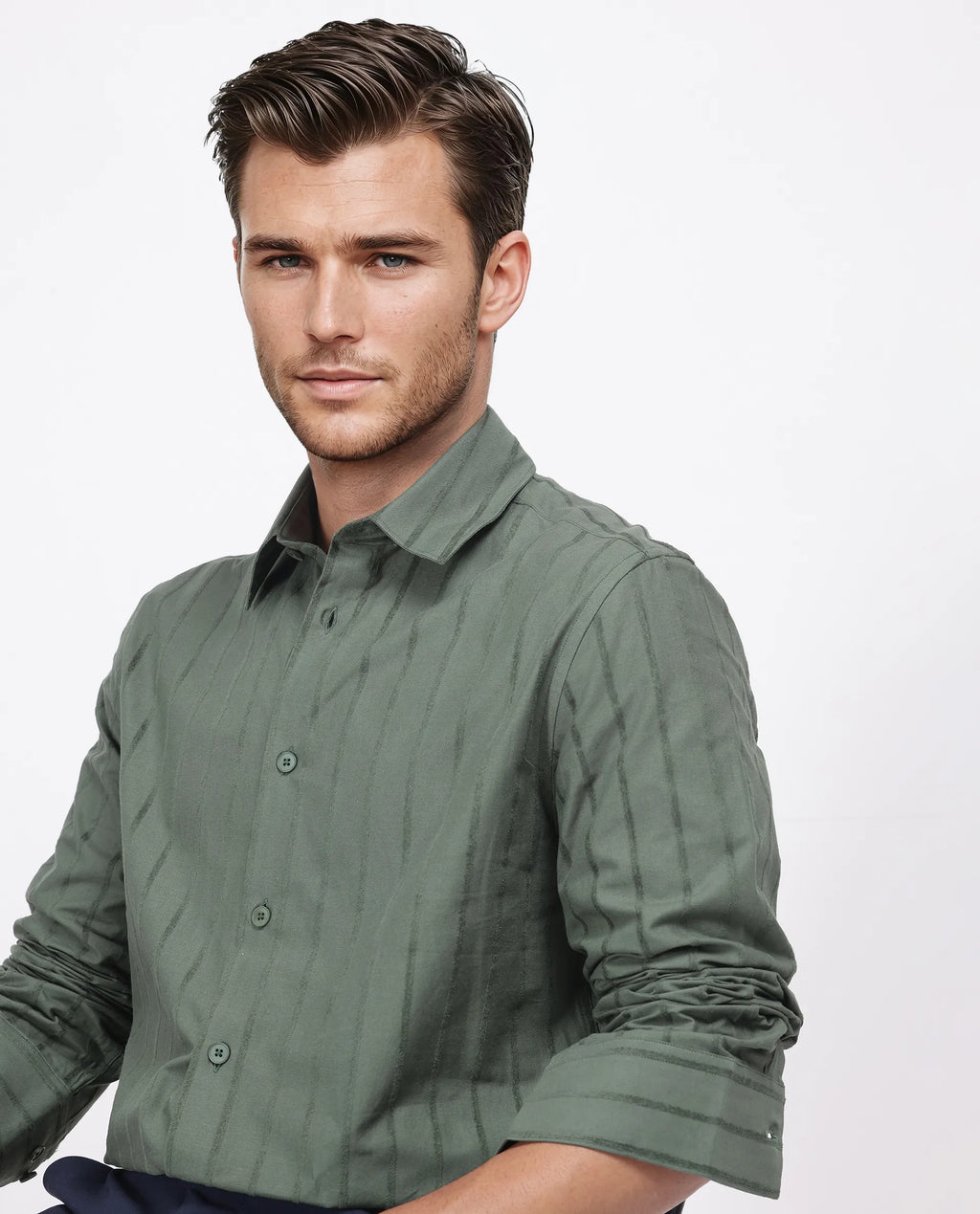 Rare Rabbit Men's Tener Dark Green Cotton Striped Print Relaxed Fit Full Sleeve Collared Shirt