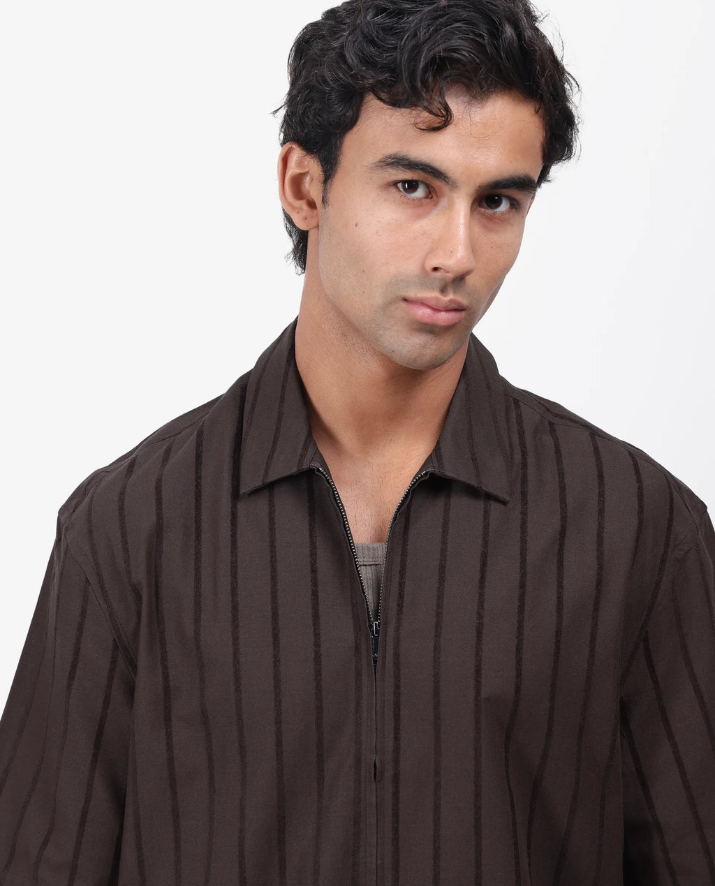 Rare Rabbit Men's Tenerz Dark Brown Cotton Striped Print Boxy Fit Half Sleeve Collared Shirt