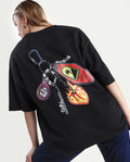 Rareism Women's Tenk Black Cotton Graphic Print Oversized T-Shirt