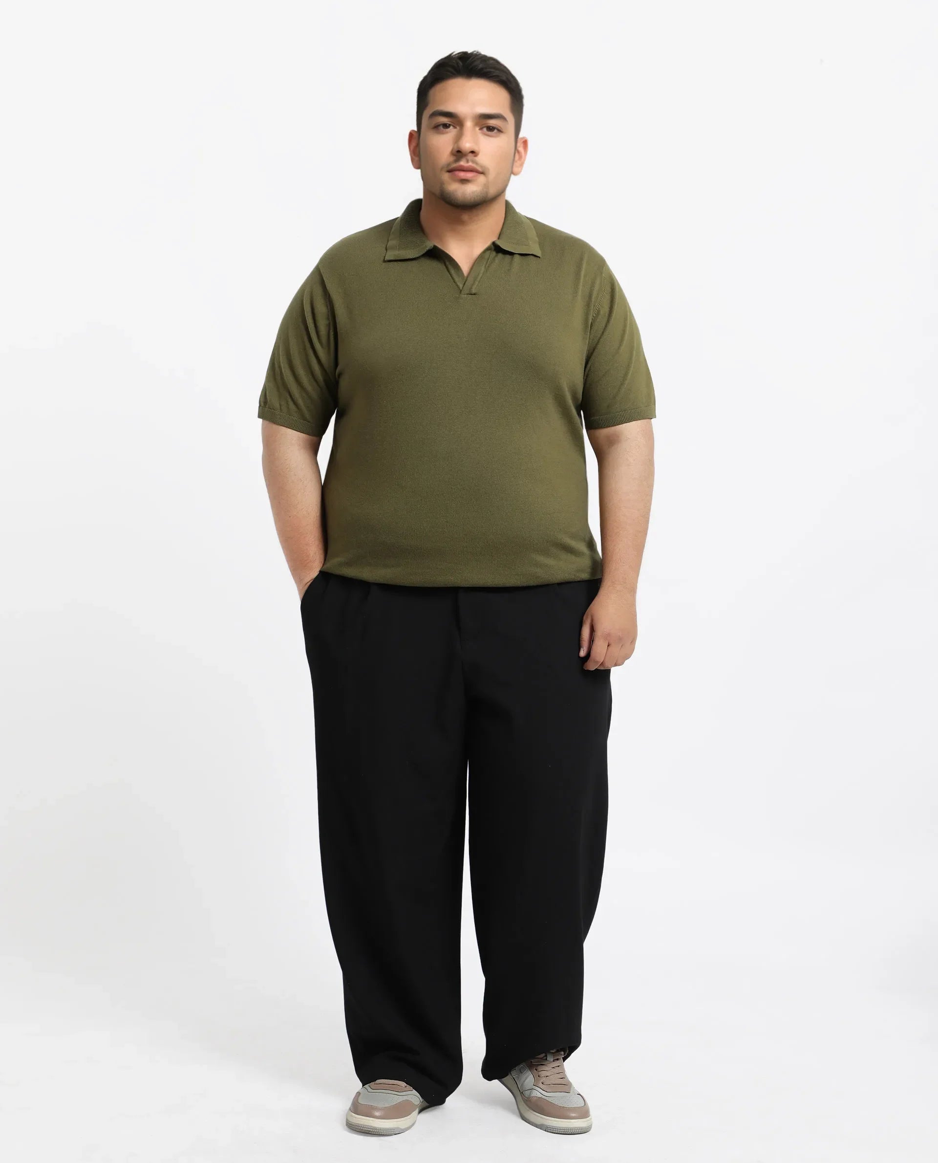 Rare Rabbit Men's Teny-L Olive Cotton Blend Plain Plus Size Half Sleeve Polo