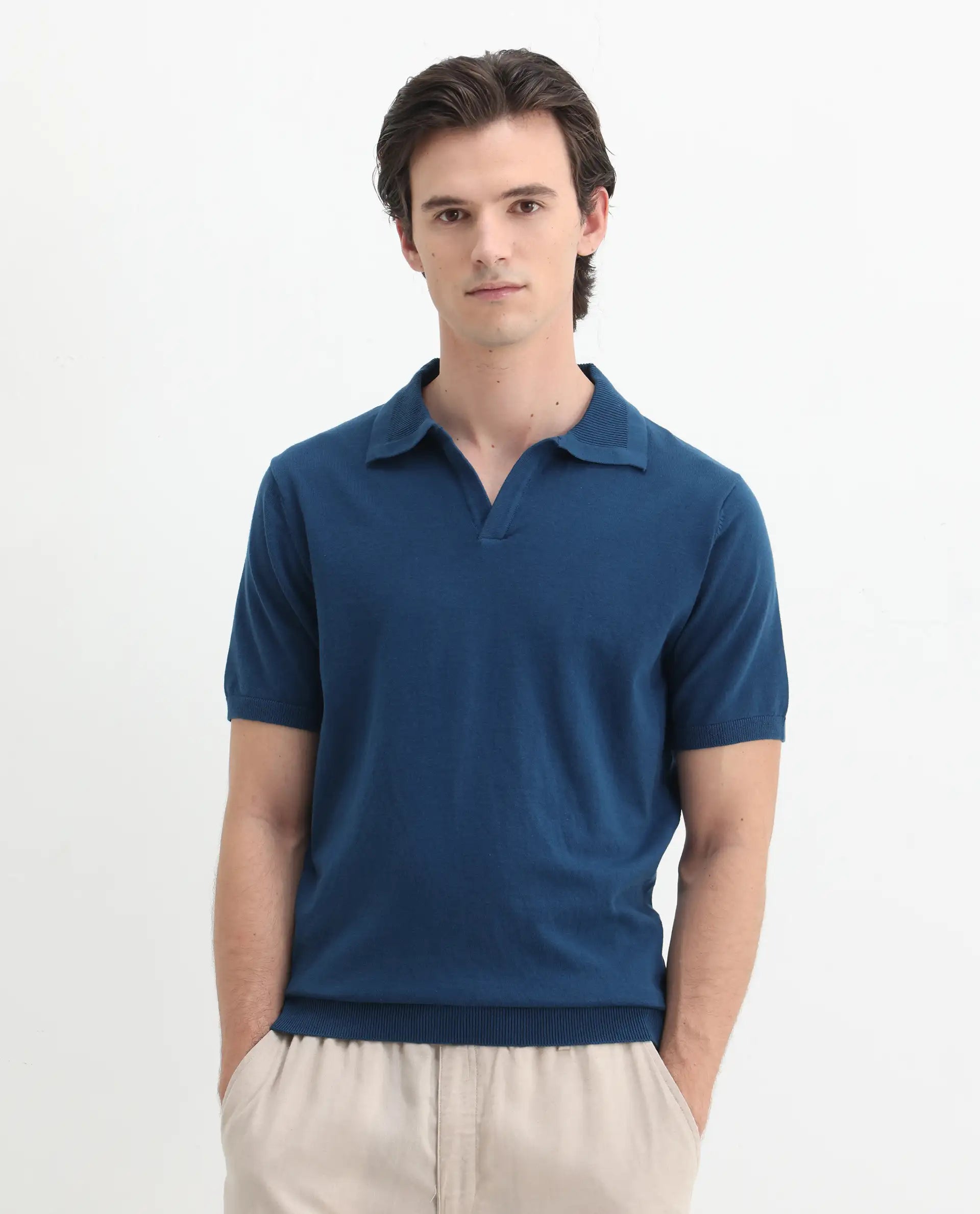 Rare Rabbit Men's Teny Dark Blue Cotton Blend Plain Regular Fit Half Sleeve Polo