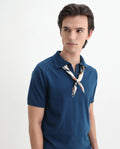 Rare Rabbit Men's Teny Dark Blue Cotton Blend Plain Regular Fit Half Sleeve Polo