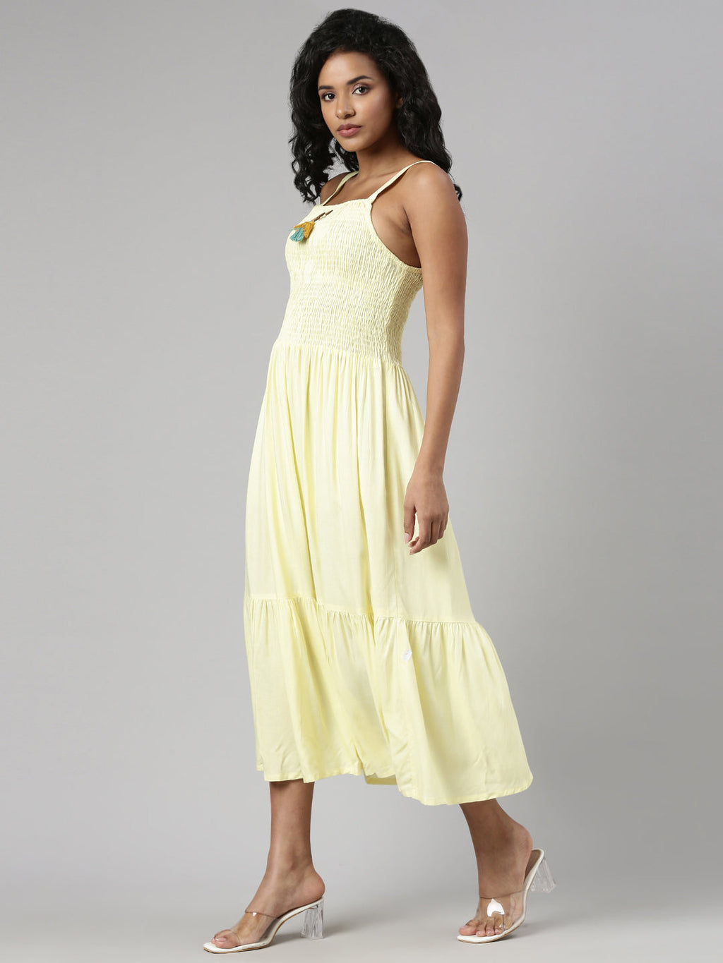Women's Yellow Floral Printed Fit & Flare Midi Dress