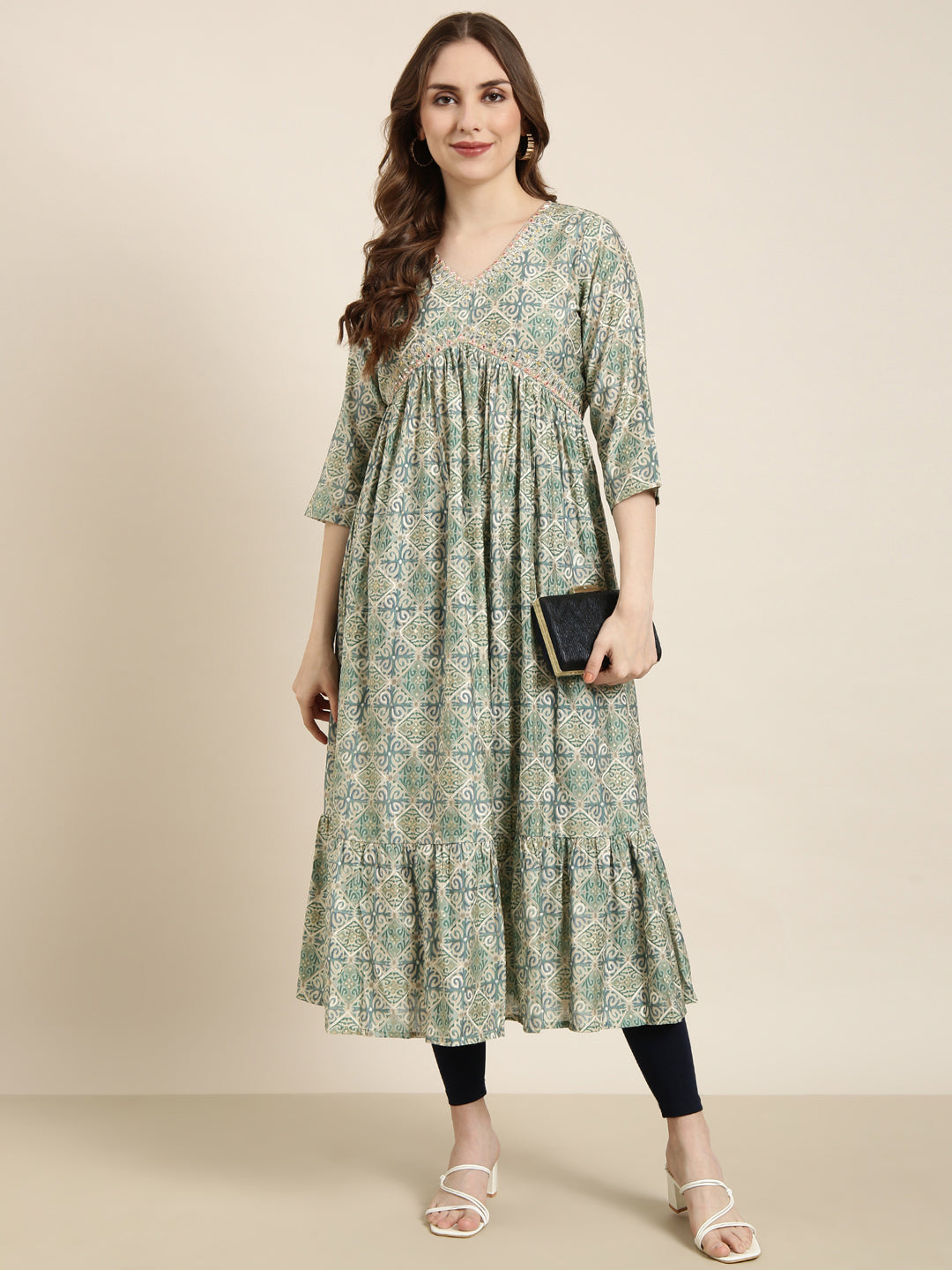 Women's Anarkali Sea Green Ethnic Motifs Kurta
