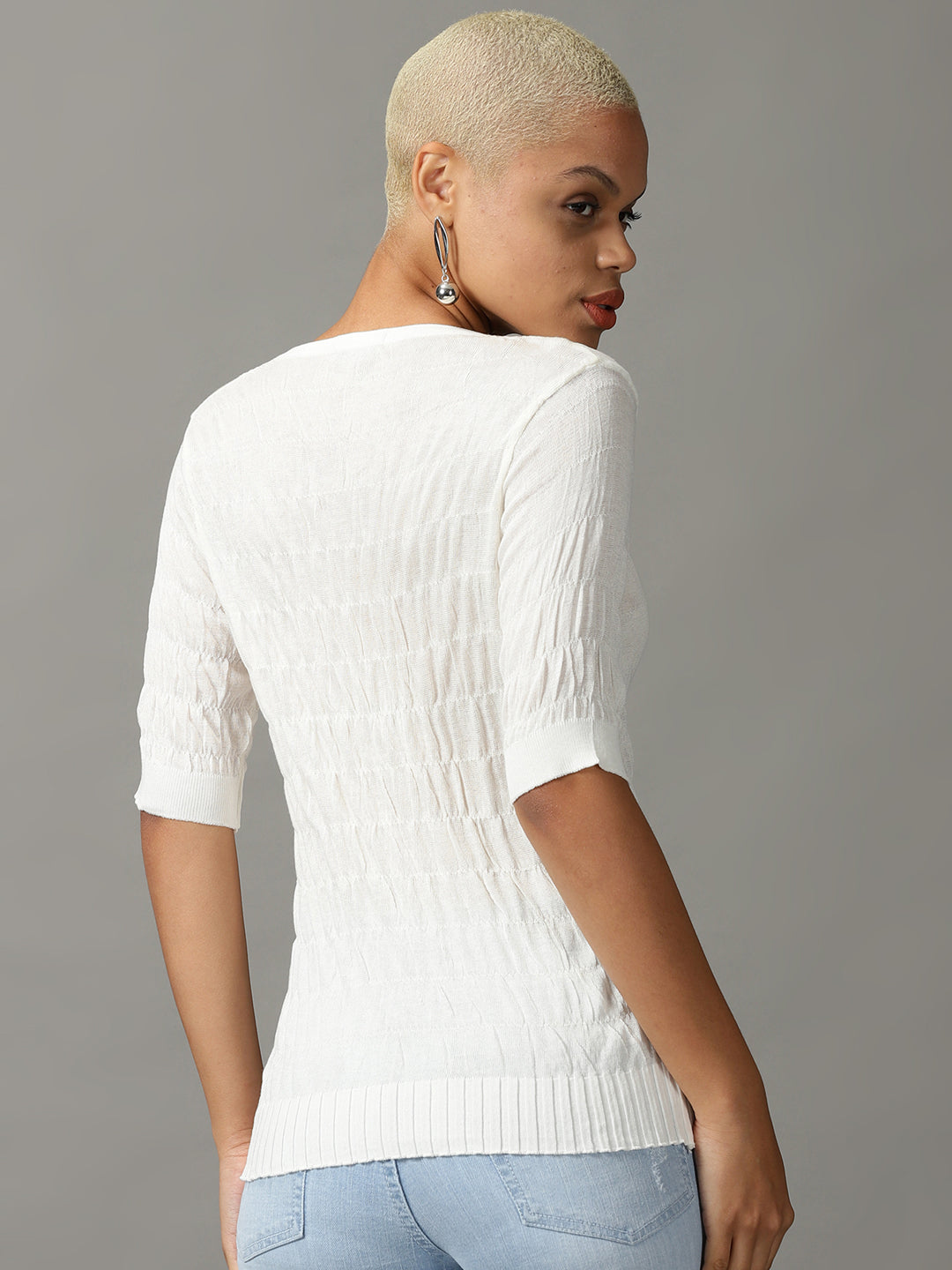 Women's White Solid Fitted Top