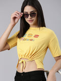 Women's Yellow Typography Printed Cotton Crop Top With waist Tie-Ups