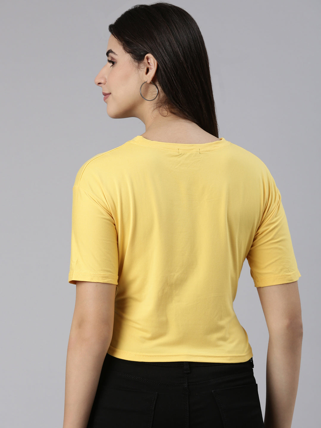 Women's Yellow Typography Printed Cotton Crop Top With waist Tie-Ups