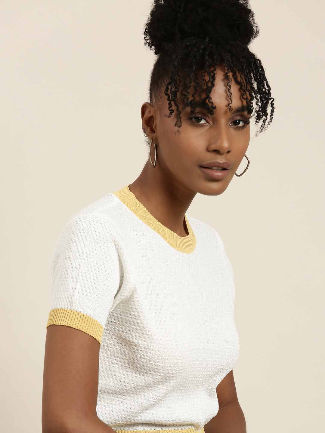 Women's White Round Neck Self Design Top