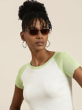 Women's White Colour blocked Round Neck Acrylic Top