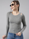 Women's Solid Grey Knitted Fitted Top