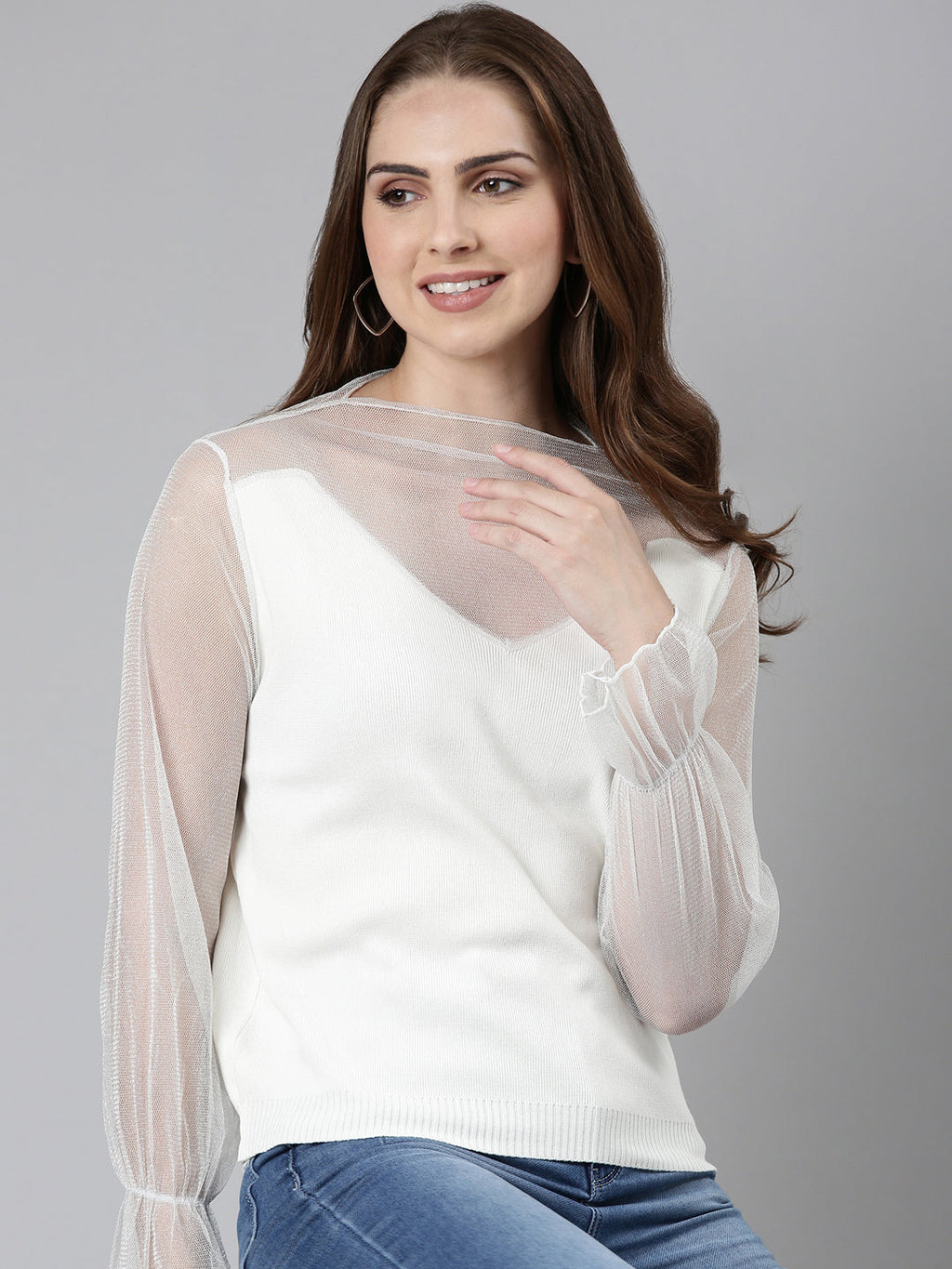 Women's White High Neck Net Top