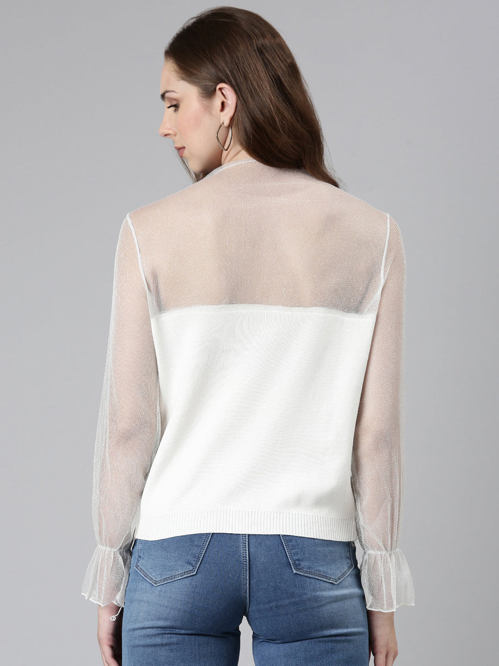 Women's White High Neck Net Top