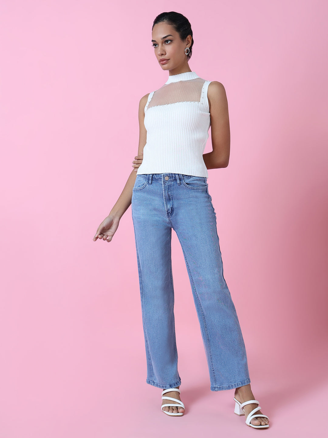 Women's Casual White Solid Fitted Top