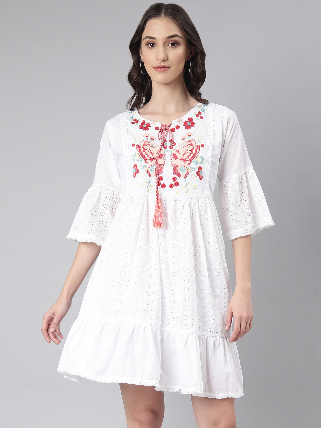 Women's White Floral Tie-Up Neck A-Line Maxi Dress