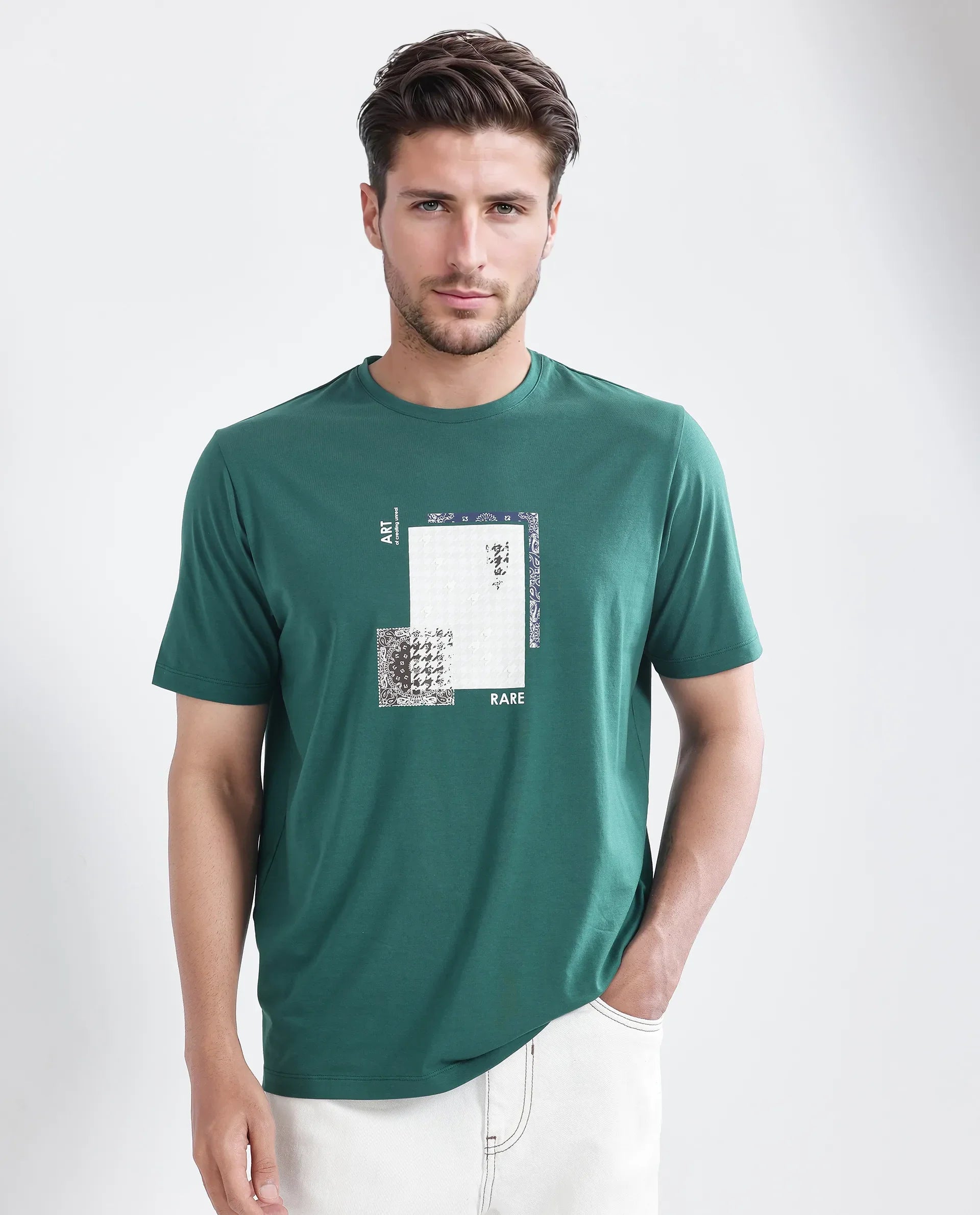 Rare Rabbit Men's Toid Dark Green Cotton Blend Graphic Print Regular Fit Half Sleeve Crew Neck T-Shirt