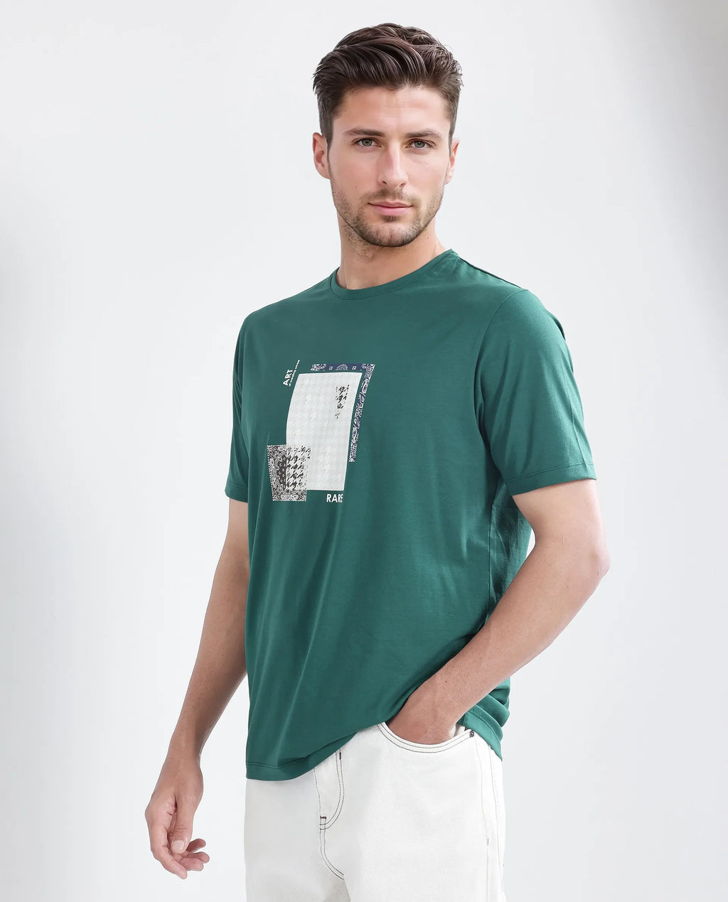Rare Rabbit Men's Toid Dark Green Cotton Blend Graphic Print Regular Fit Half Sleeve Crew Neck T-Shirt