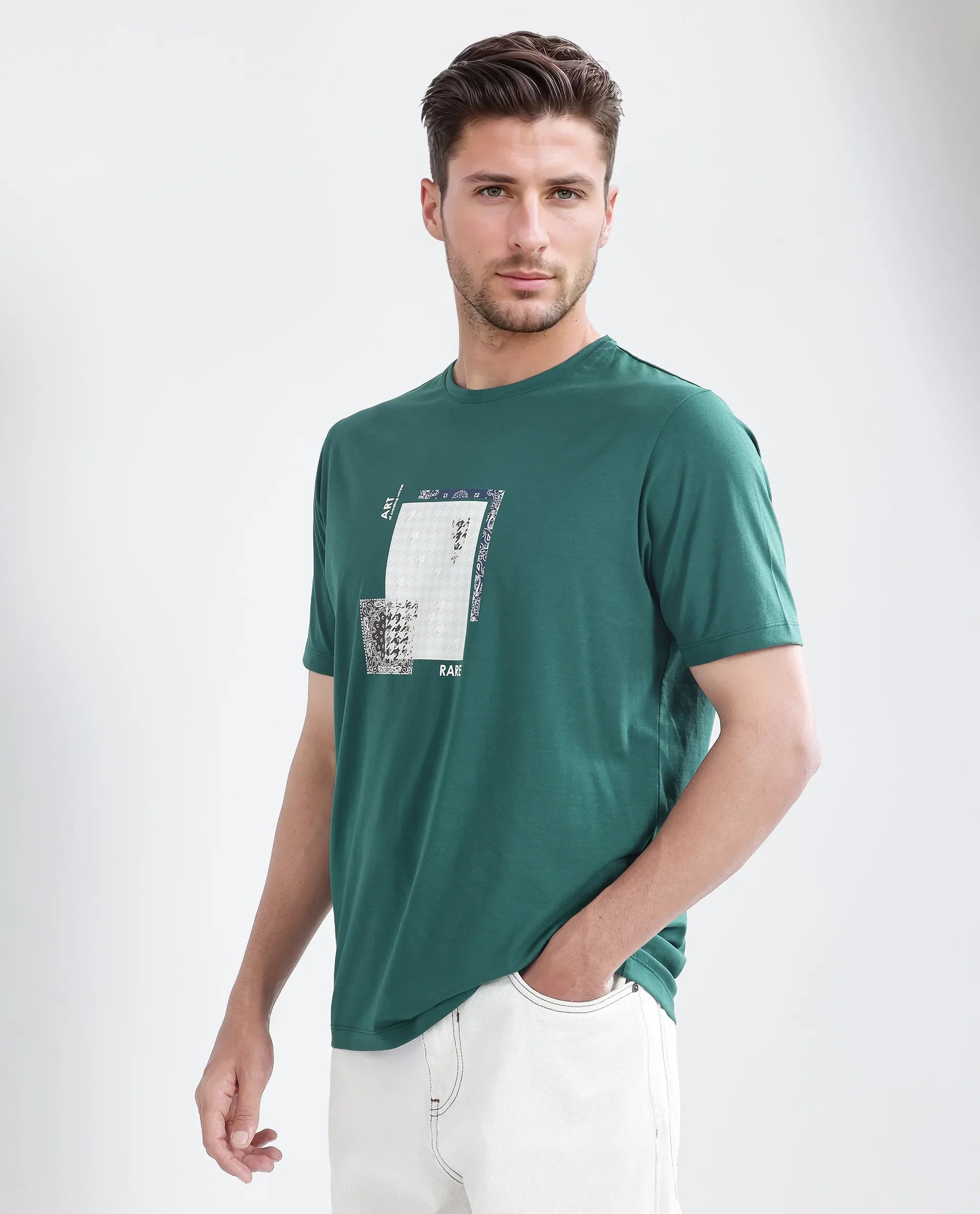 Rare Rabbit Men's Toid Dark Green Cotton Blend Graphic Print Regular Fit Half Sleeve Crew Neck T-Shirt