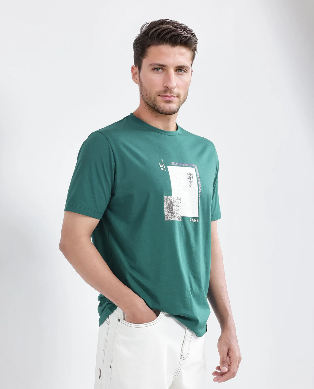 Rare Rabbit Men's Toid Dark Green Cotton Blend Graphic Print Regular Fit Half Sleeve Crew Neck T-Shirt