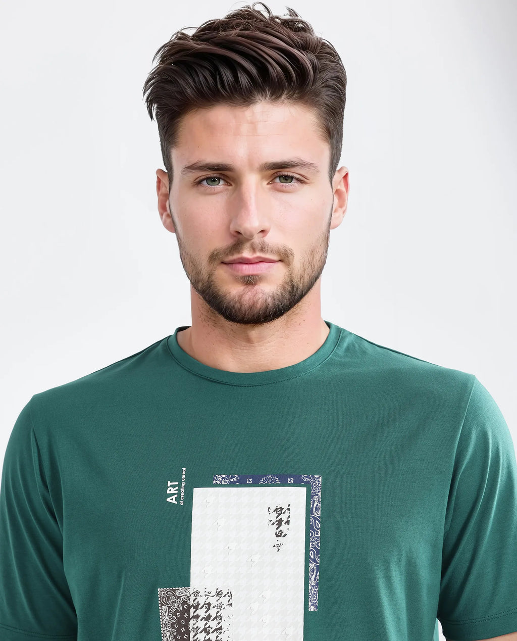 Rare Rabbit Men's Toid Dark Green Cotton Blend Graphic Print Regular Fit Half Sleeve Crew Neck T-Shirt