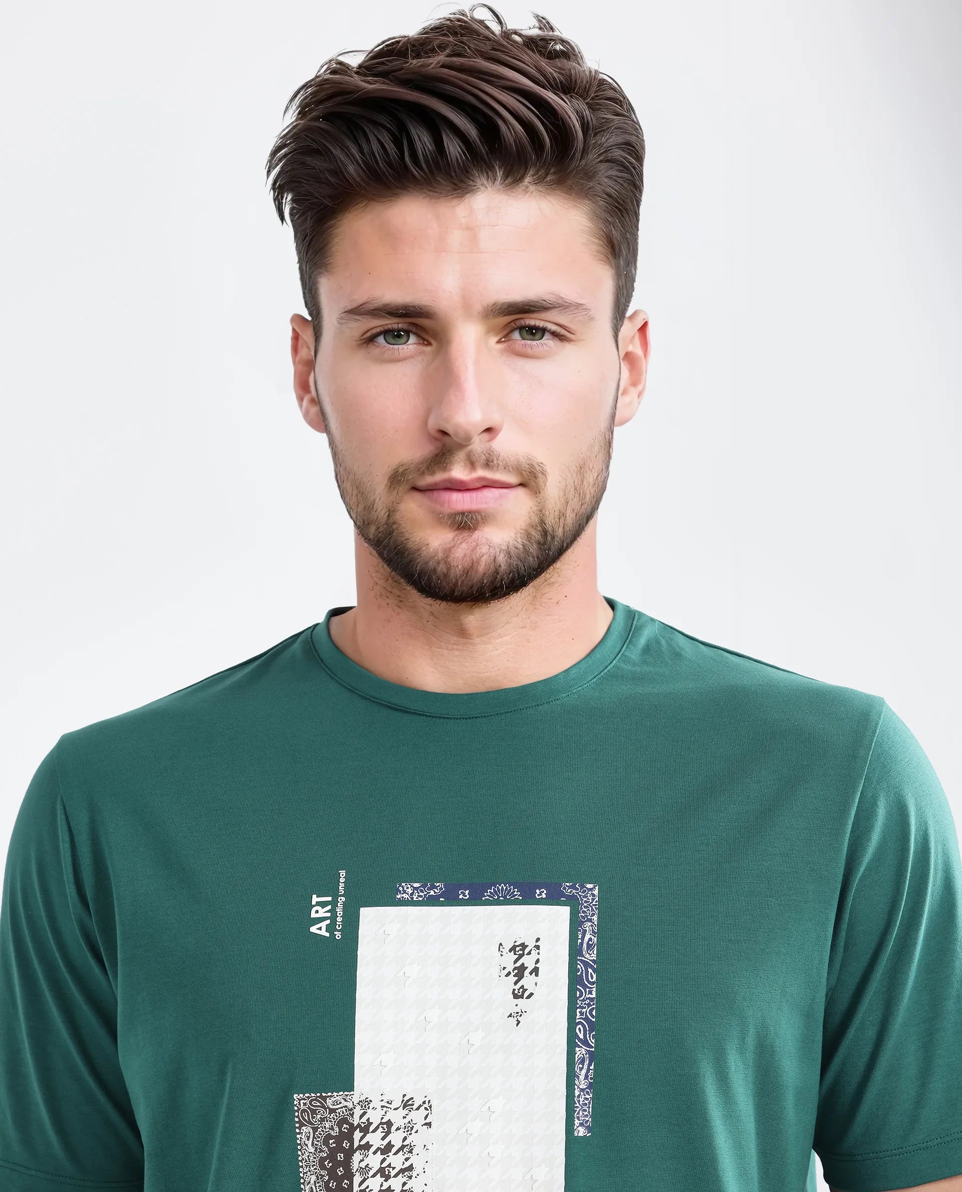 Rare Rabbit Men's Toid Dark Green Cotton Blend Graphic Print Regular Fit Half Sleeve Crew Neck T-Shirt