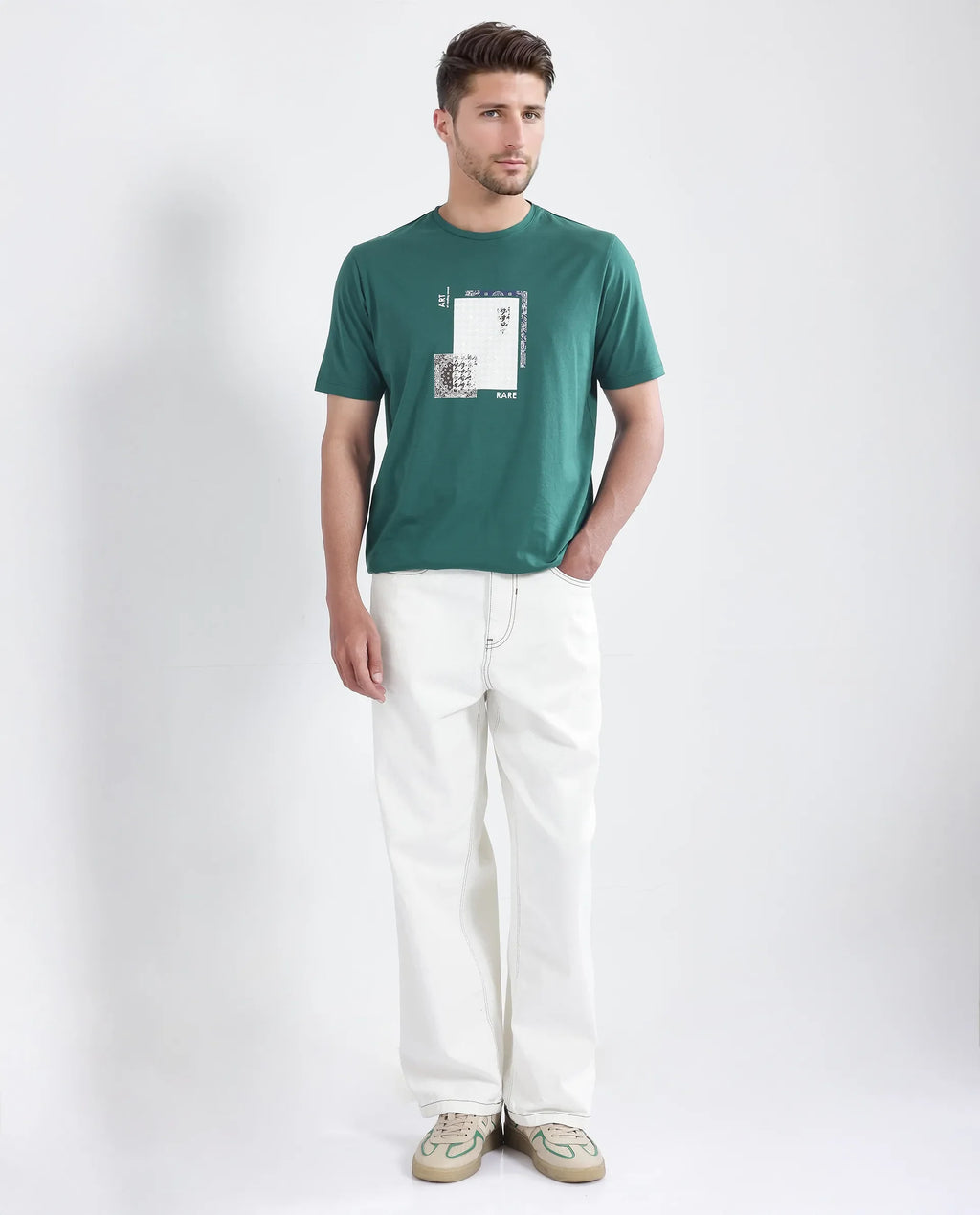 Rare Rabbit Men's Toid Dark Green Cotton Blend Graphic Print Regular Fit Half Sleeve Crew Neck T-Shirt