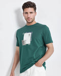 Rare Rabbit Men's Toid Dark Green Cotton Blend Graphic Print Regular Fit Half Sleeve Crew Neck T-Shirt