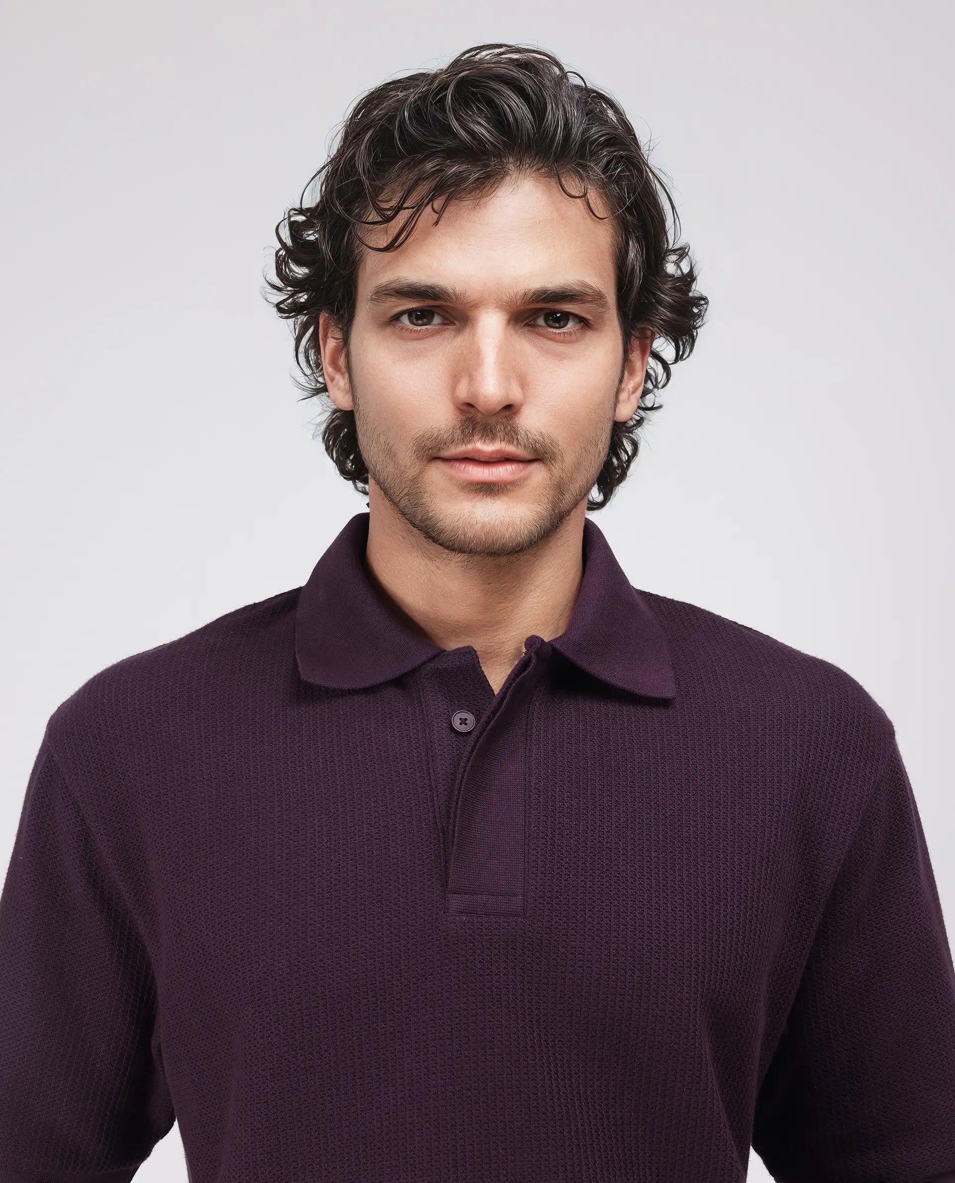 Rare Rabbit Men's Tom Dark Purple Cotton Textured Oversized Fit Half Sleeve Polo