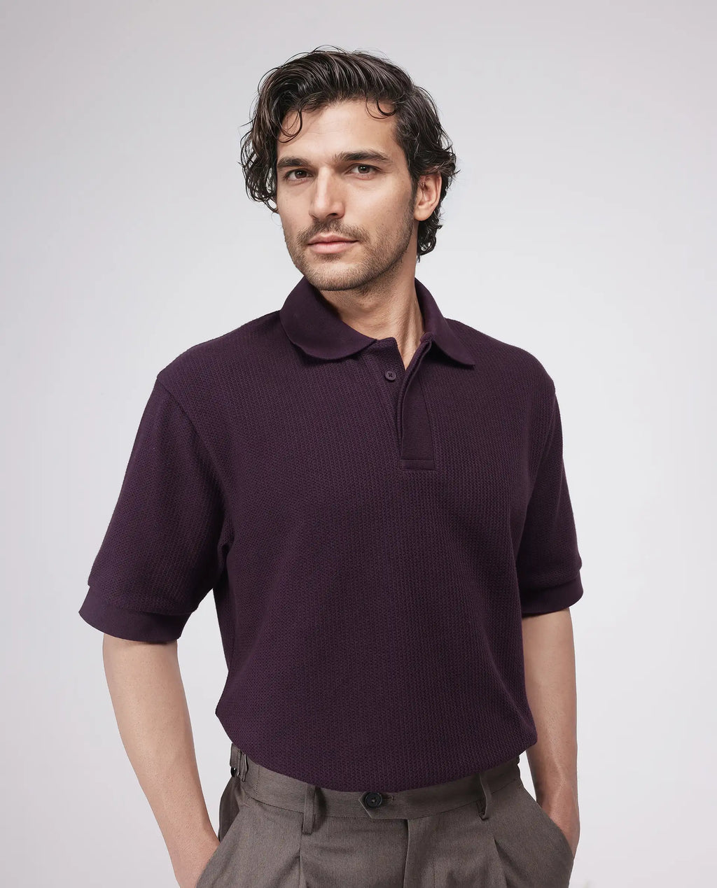 Rare Rabbit Men's Tom Dark Purple Cotton Textured Oversized Fit Half Sleeve Polo