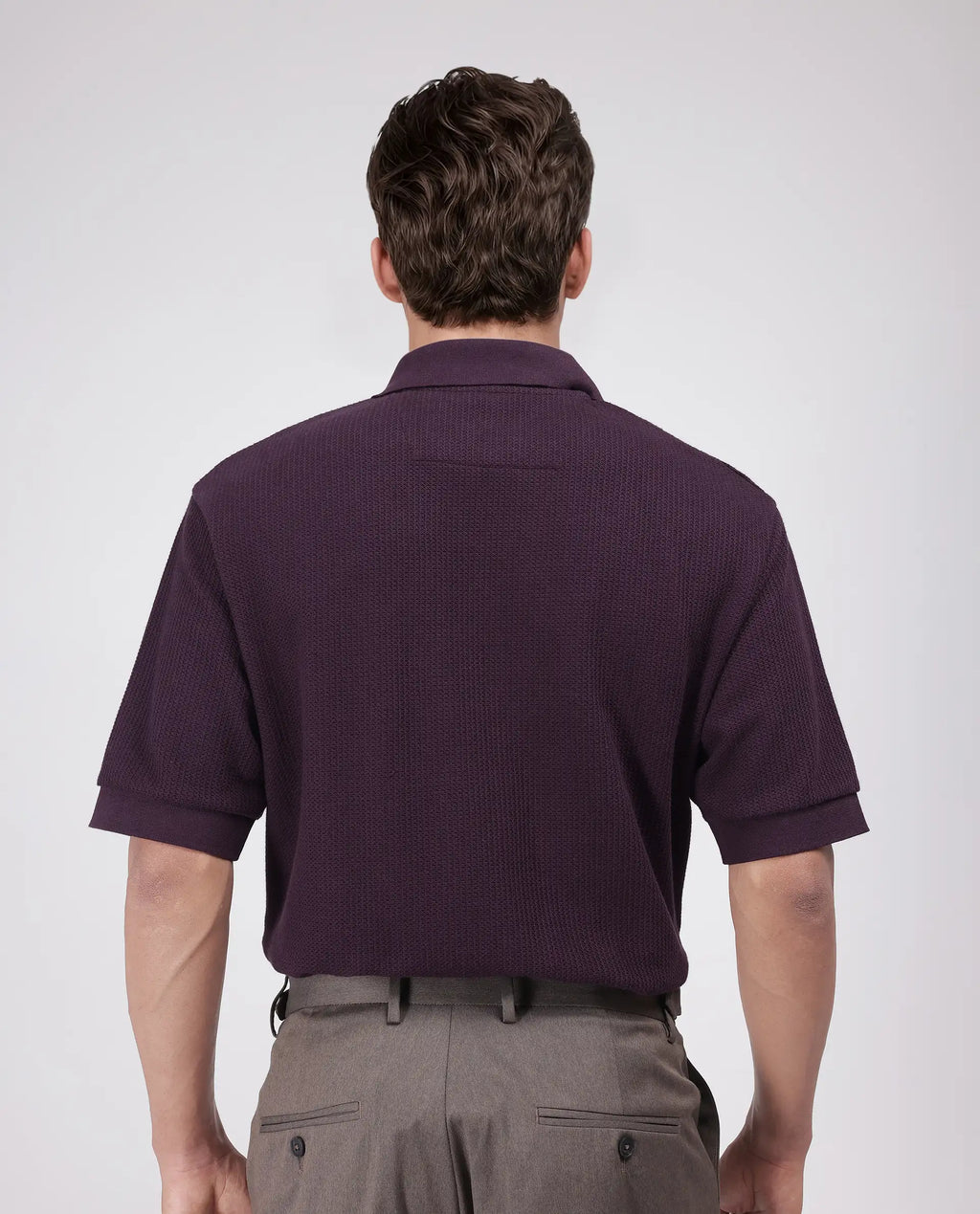 Rare Rabbit Men's Tom Dark Purple Cotton Textured Oversized Fit Half Sleeve Polo