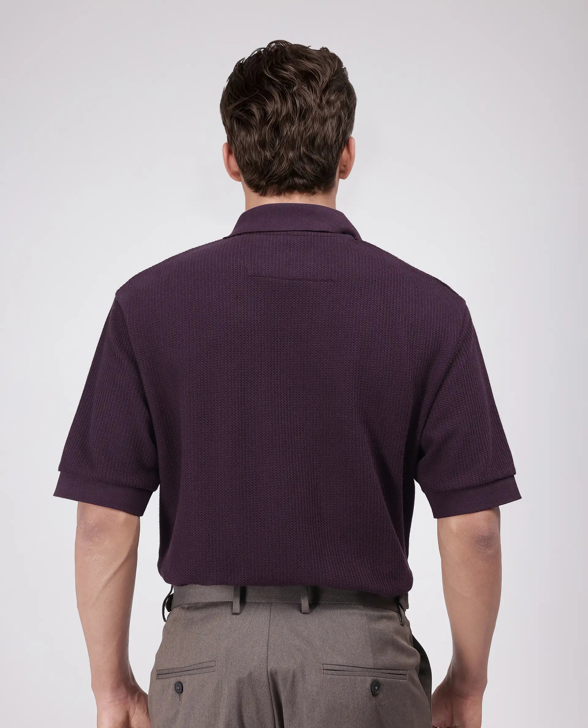 Rare Rabbit Men's Tom Dark Purple Cotton Textured Oversized Fit Half Sleeve Polo