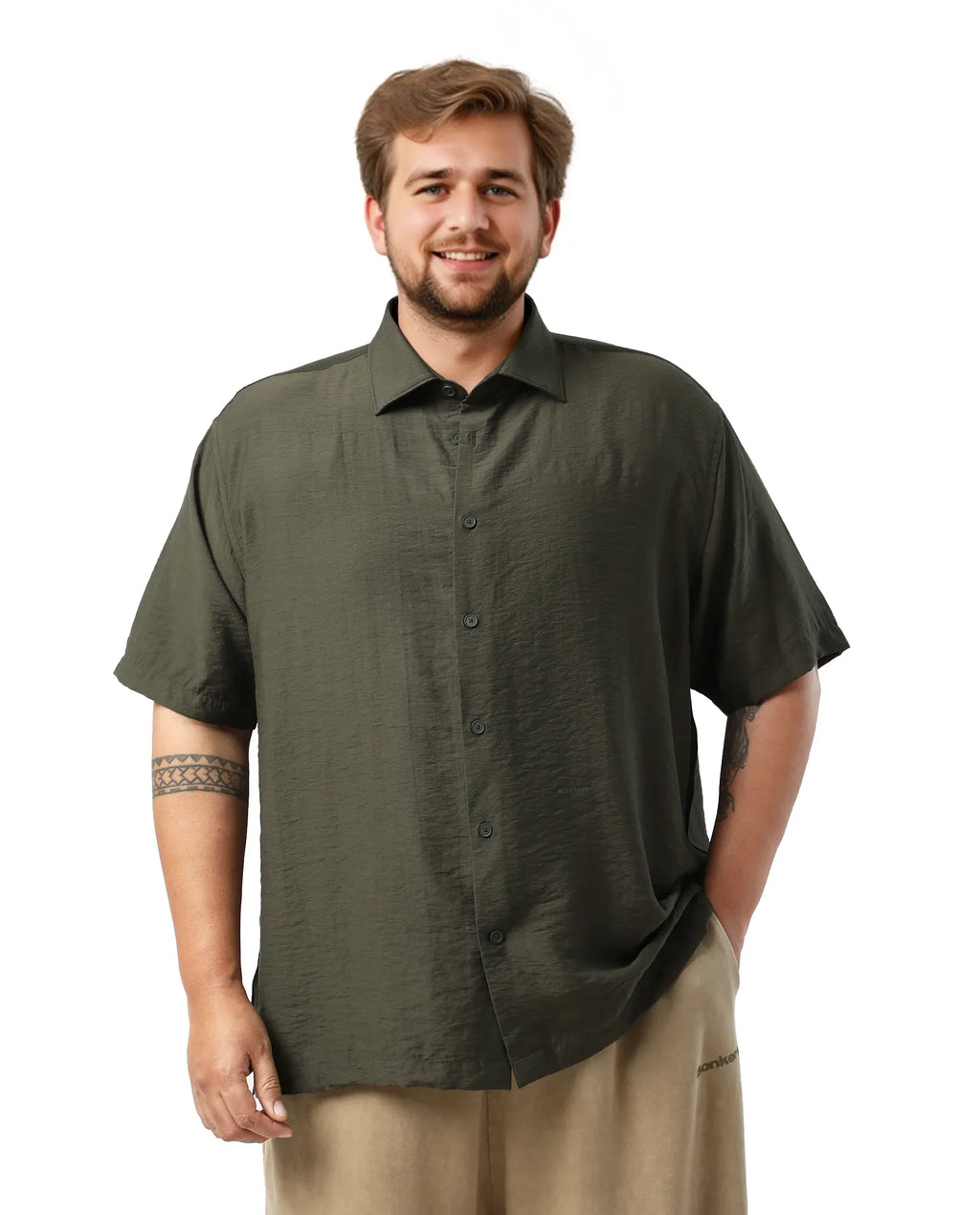 Rare Rabbit Men Torin Big Dark Olive Viscose Blend Fabric Half Sleeve Spread Collar Button Closure Plain Shirt