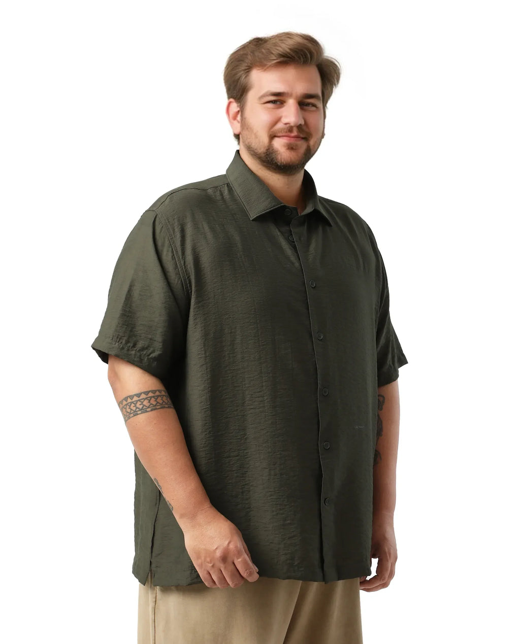 Rare Rabbit Men Torin Big Dark Olive Viscose Blend Fabric Half Sleeve Spread Collar Button Closure Plain Shirt