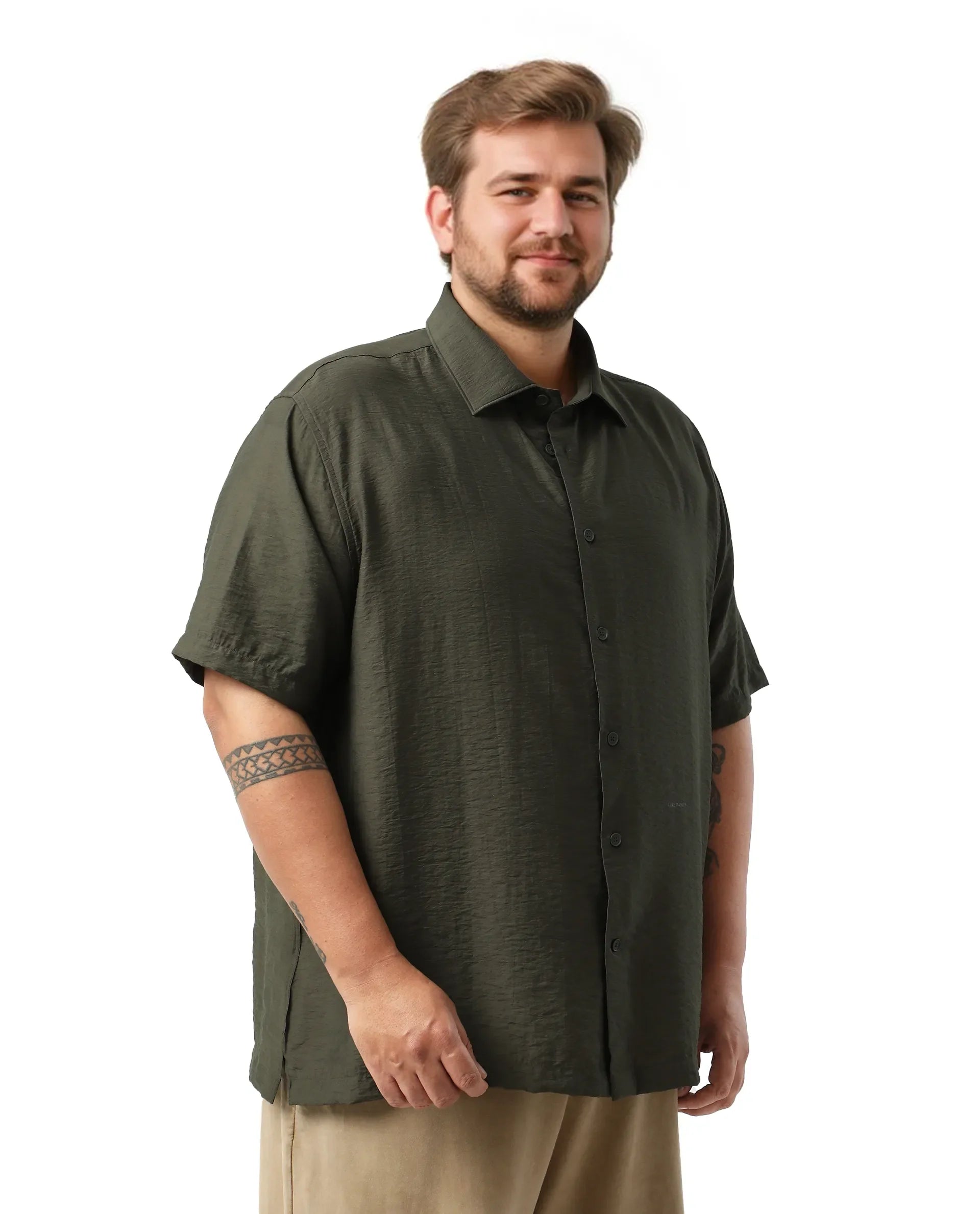 Rare Rabbit Men Torin Big Dark Olive Viscose Blend Fabric Half Sleeve Spread Collar Button Closure Plain Shirt
