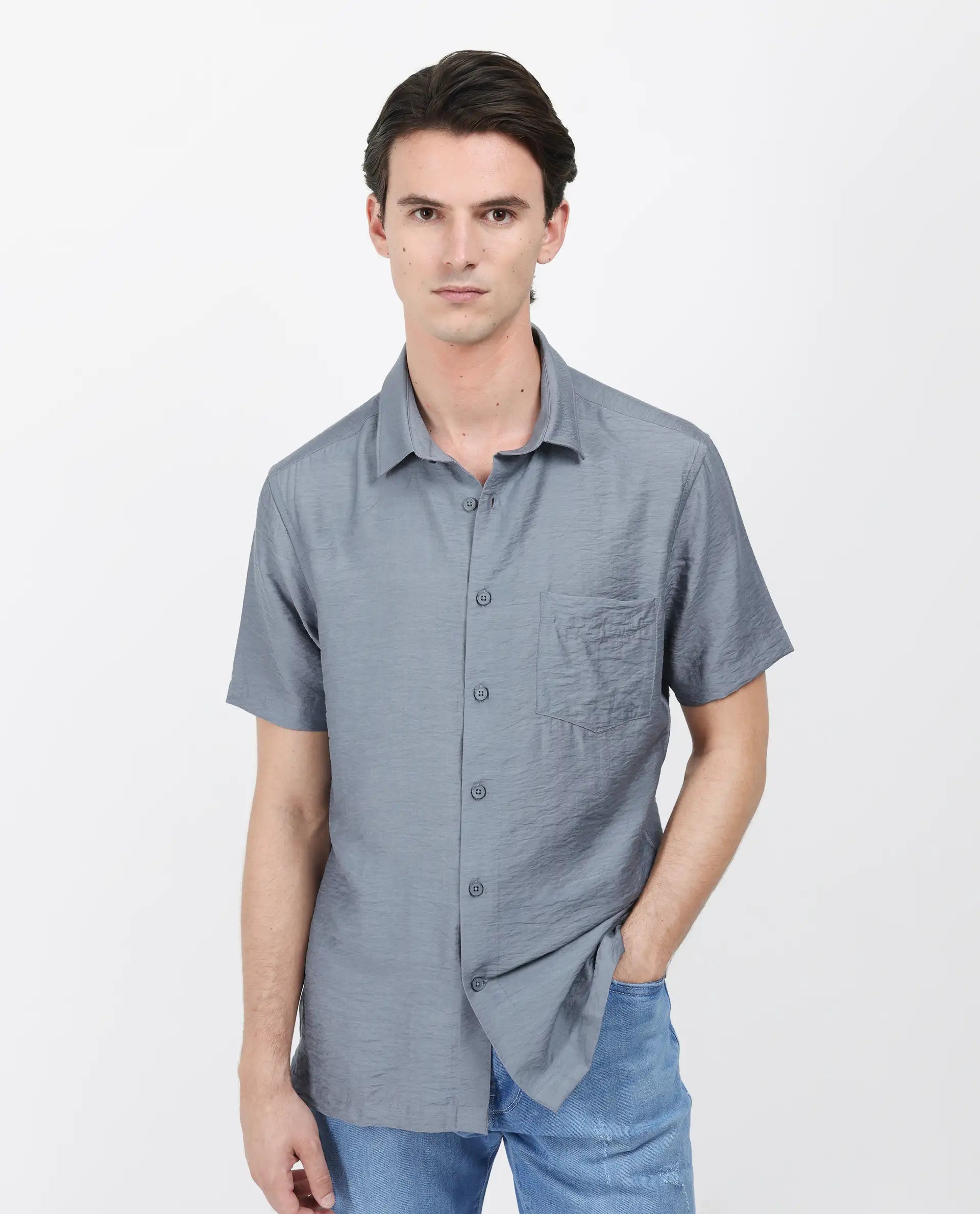 Rare Rabbit Men's Torit Dusky Blue Viscose Blend Plain Regular Fit Half Sleeve Collared Shirt