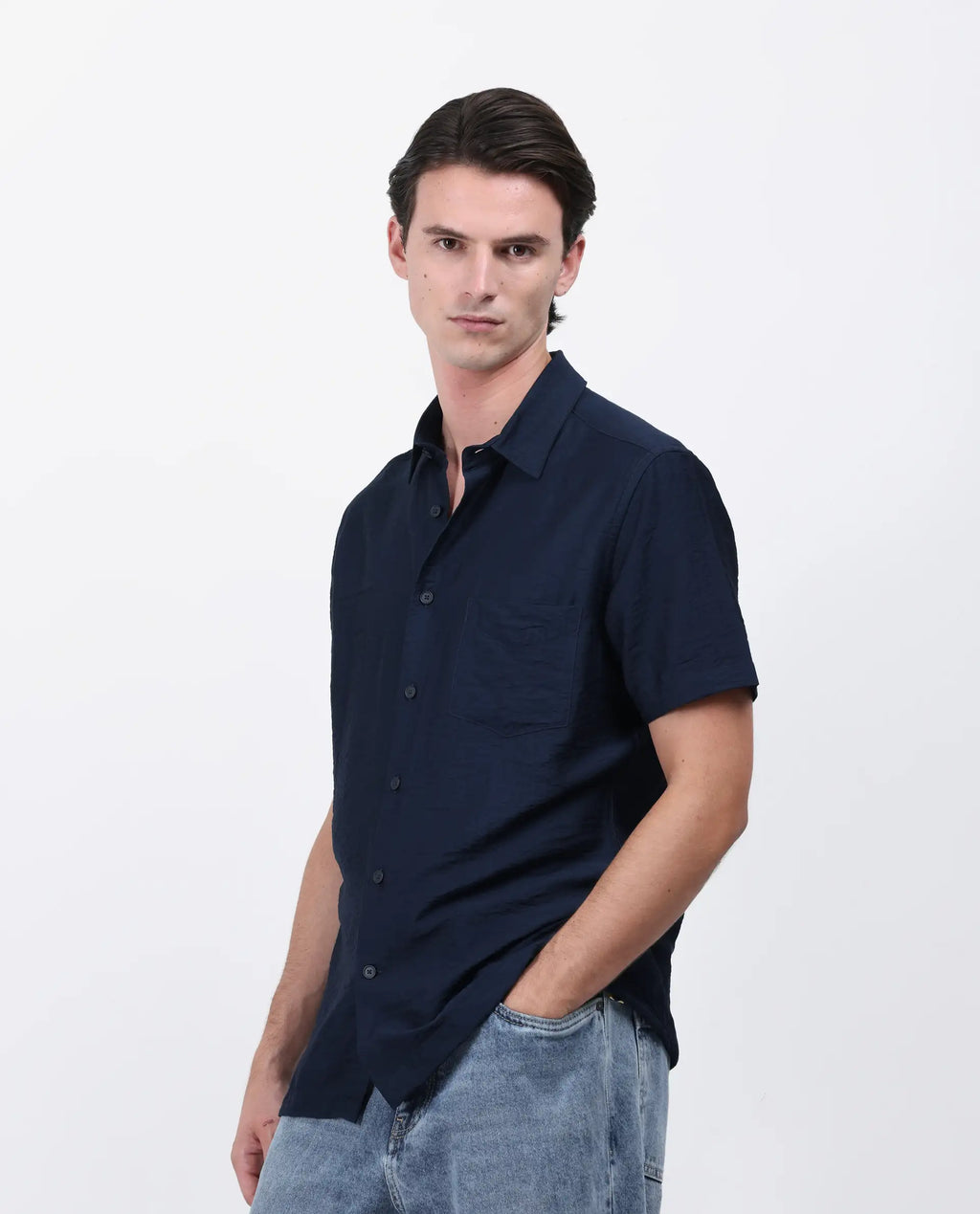 Rare Rabbit Men's Torit Pastel Navy Viscose Blend Plain Regular Fit Half Sleeve Collared Shirt