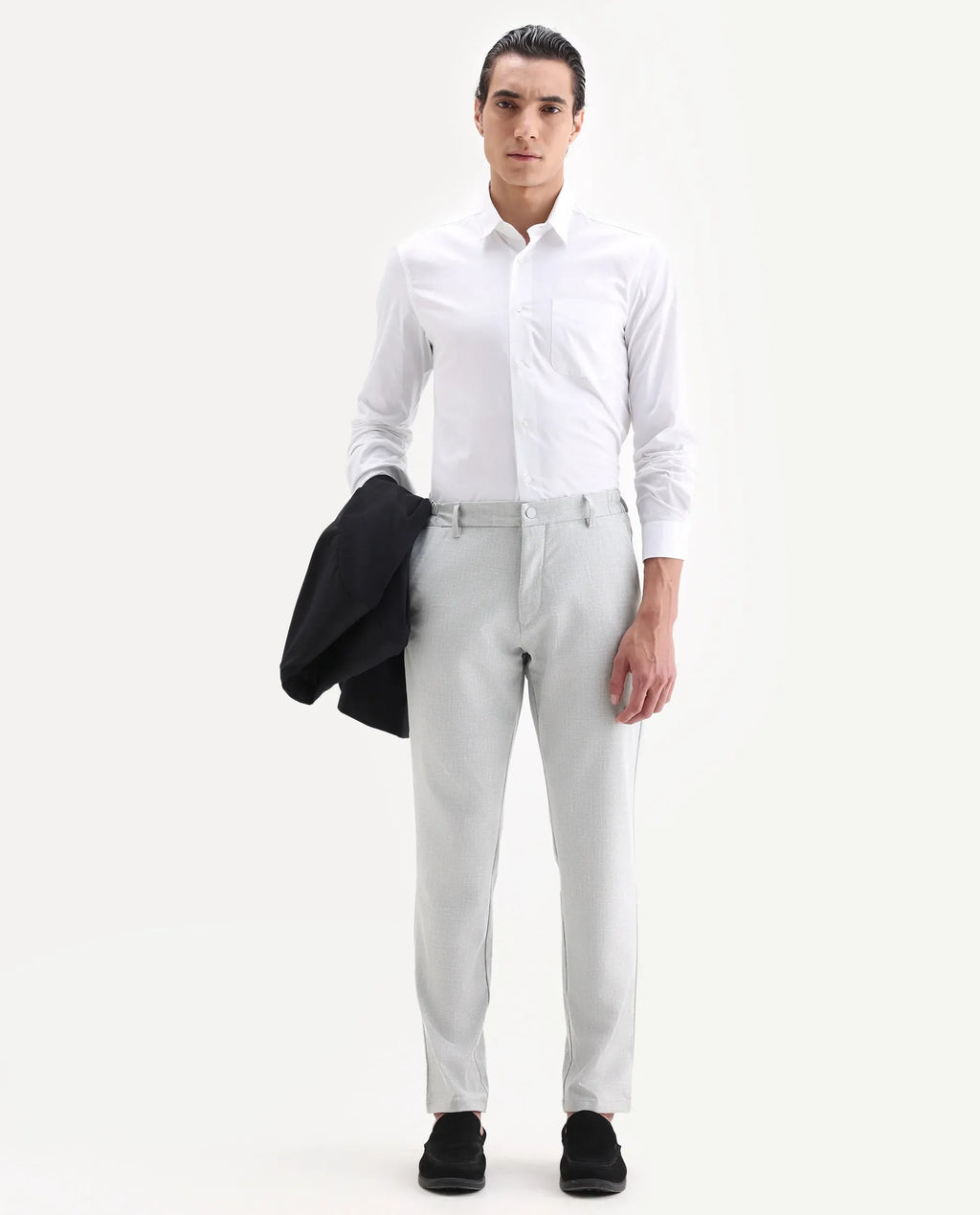 Rare Rabbit Men's Travel-26 Grey Polyester Blend Plain Regular Fit Trouser
