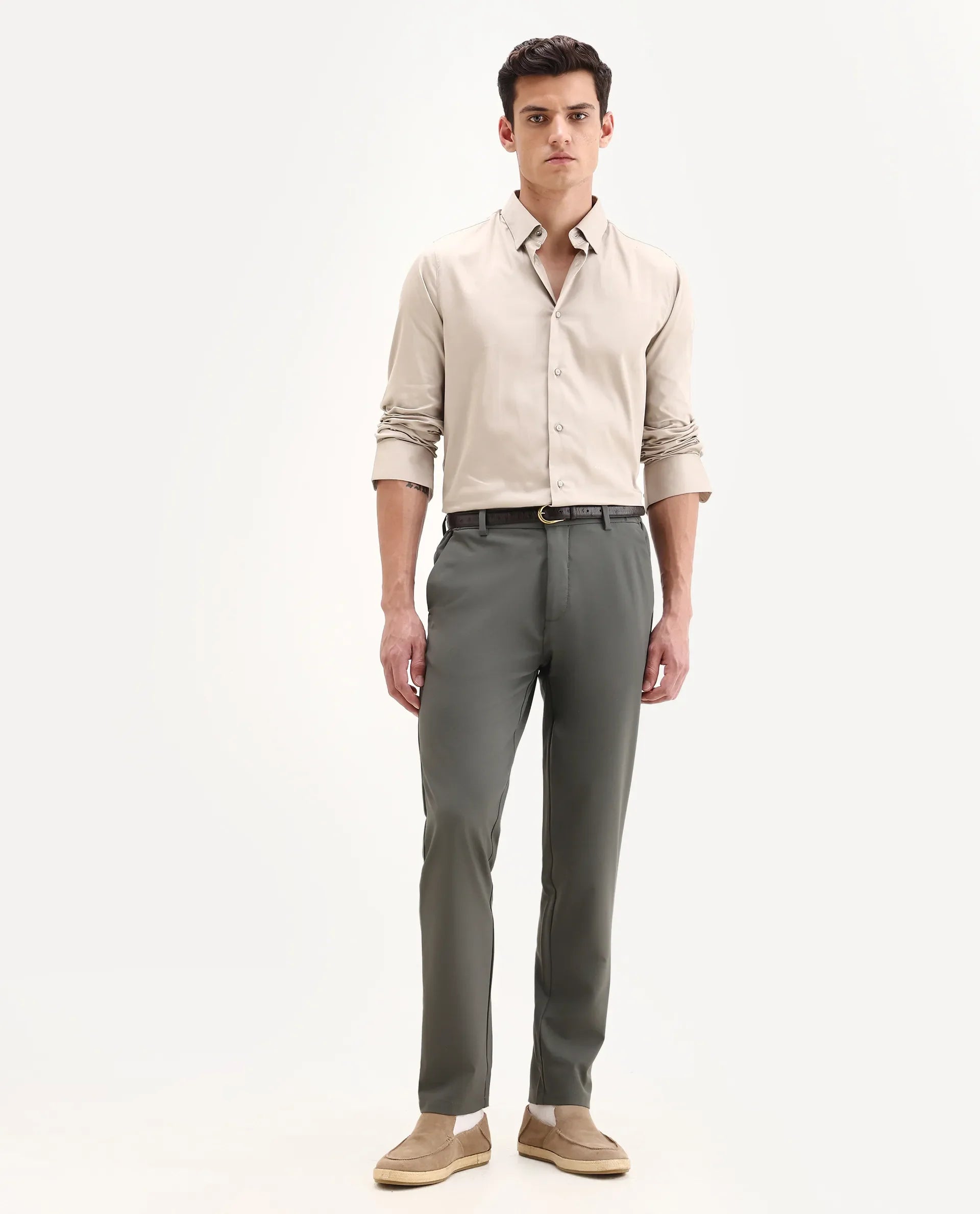 Rare Rabbit Men's Travel-26 Olive Polyester Blend Plain Regular Fit Trouser