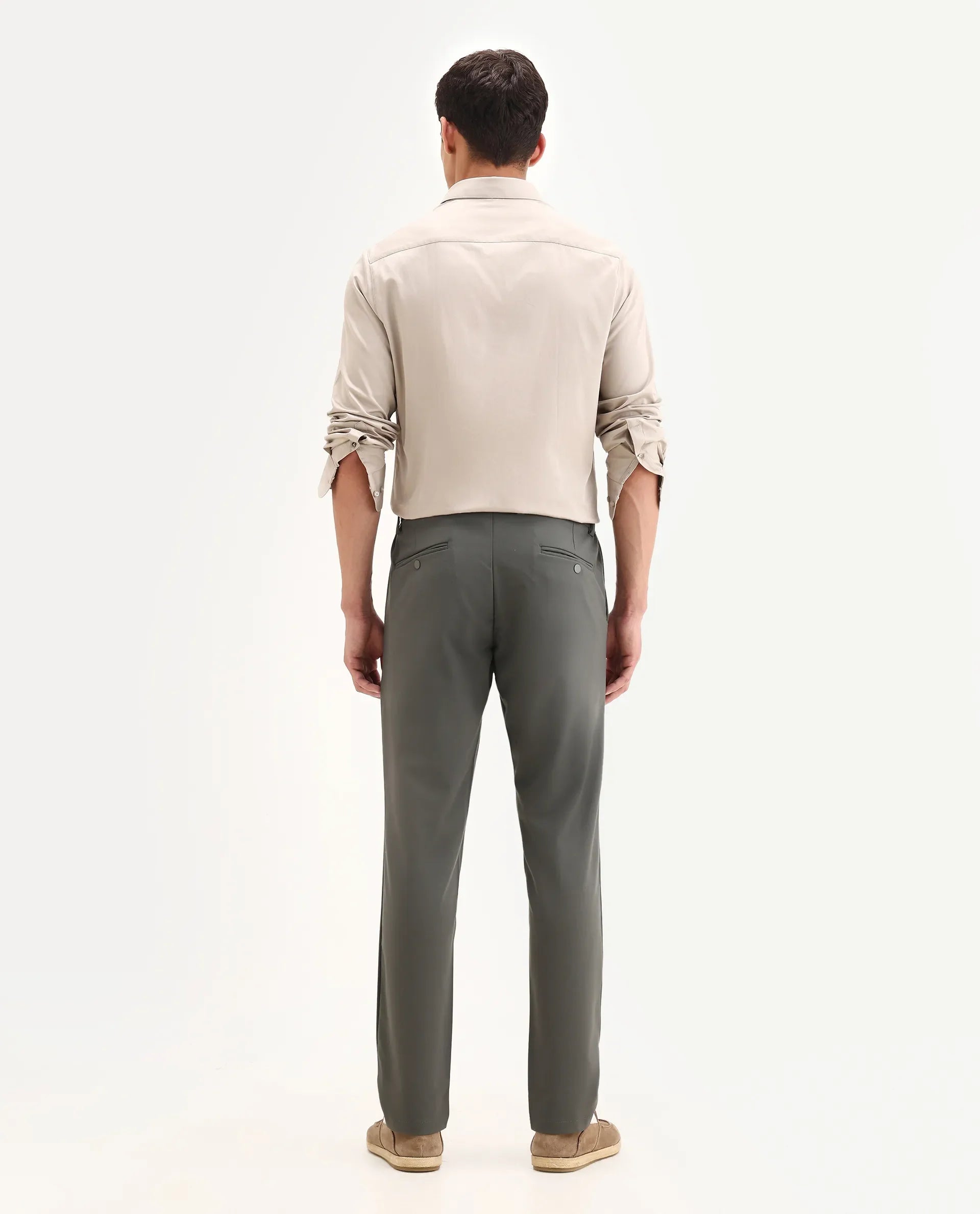 Rare Rabbit Men's Travel-26 Olive Polyester Blend Plain Regular Fit Trouser