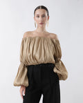 Rareism Women's Trese Gold Polyester Plain Fashion Sleeve Crop Regular Fit Top