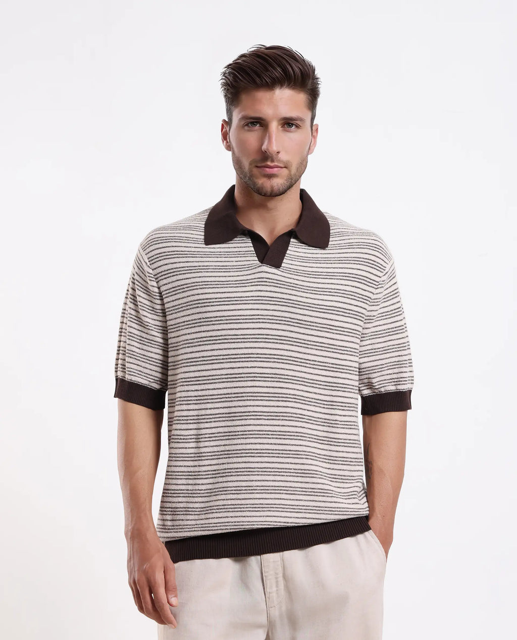 Rare Rabbit Men's Trin Brown Cotton Plain Regular Fit Half Sleeve Polo