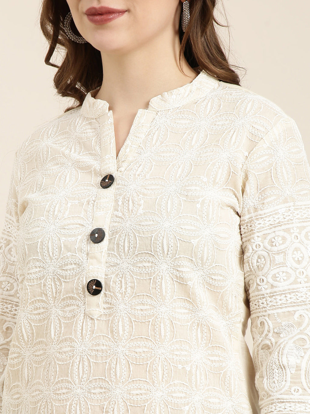 Women's Straight Cream Embellished Kurta
