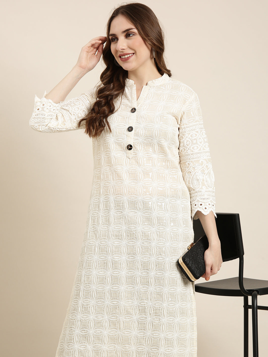 Women's Straight Cream Embellished Kurta