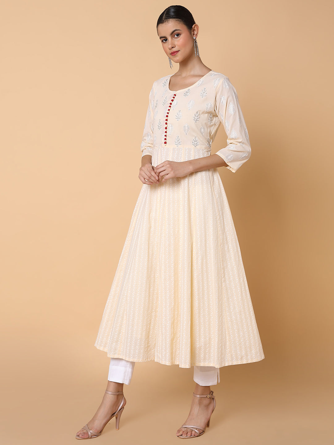 Women's Ethnic Motifs Cream Anarkali Kurta with Dupatta
