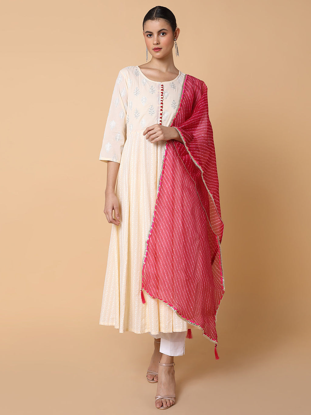 Women's Ethnic Motifs Cream Anarkali Kurta with Dupatta