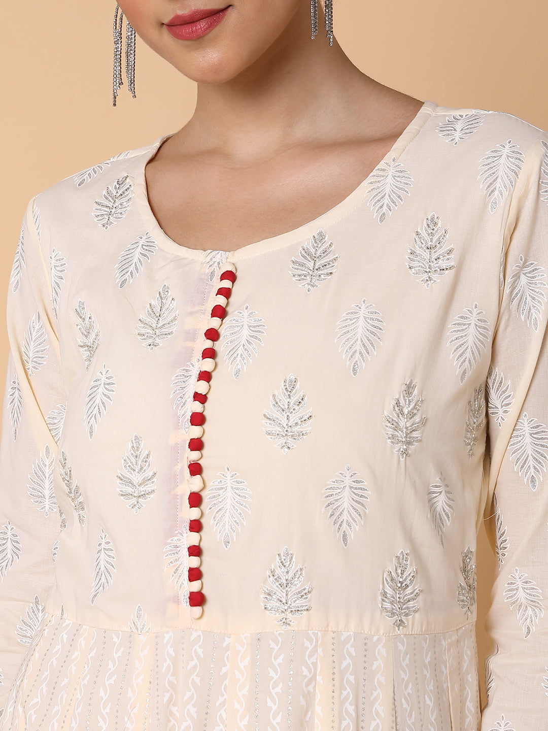 Women's Ethnic Motifs Cream Anarkali Kurta with Dupatta