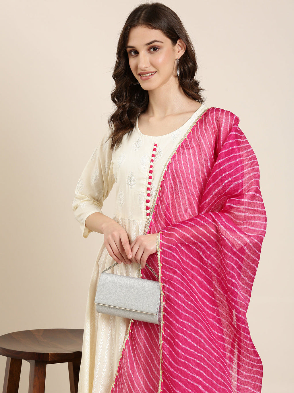 Women's Cream Floral Printed Beads Detail Anarkali Kurta